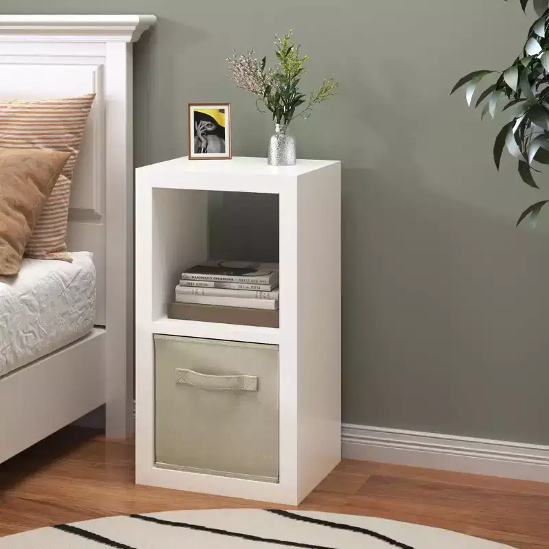 Sandinrayli Bookshelf with Storage Bin, 2-Cube Storage Organizer, Modern Wood Open Bookcase, White