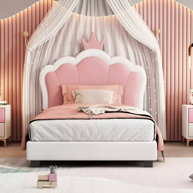 Twin Upholstered Princess Bed with Crown Headboard, Platform Bed with Headboard and Footboard, Cream and Pink