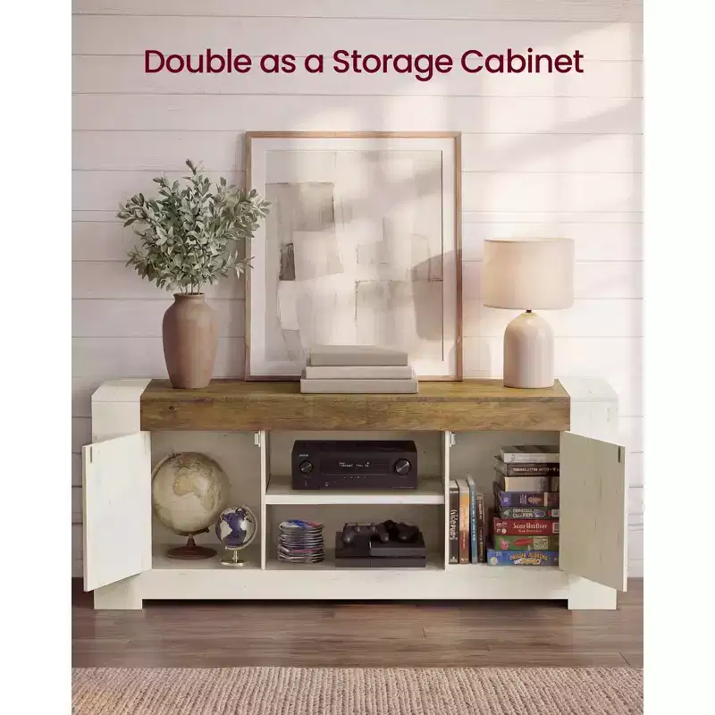 VASAGLE TV Stand, Farmhouse Entertainment Center with Storage Cabinets, Media Console Table for 65 Inch TV, Rustic White and Honey Brown