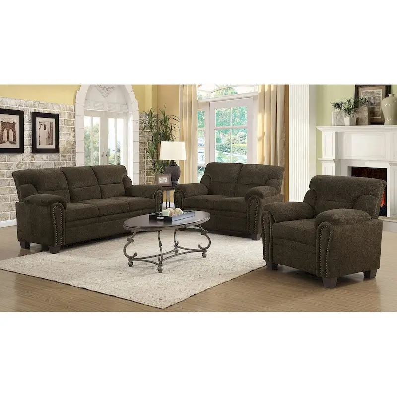 Brown Upholstered Living Room with Nailhead Trim – Transitional Style