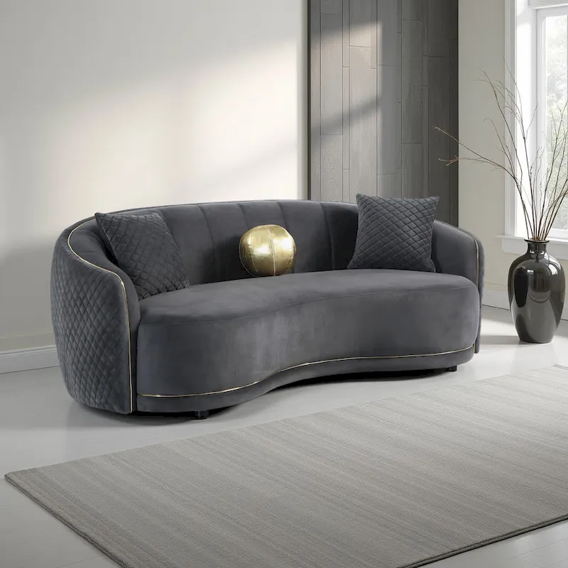 Buo Curved Sofa, 92 Inch, Dark Gray Polyester, Gold Trim, 3 Pillows