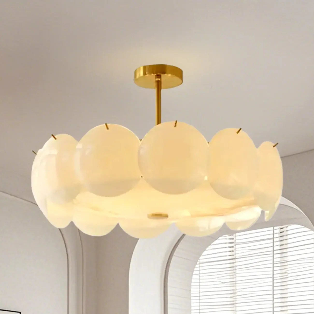 White Circle Glass Gold Semi Flush Mount Ceiling Light