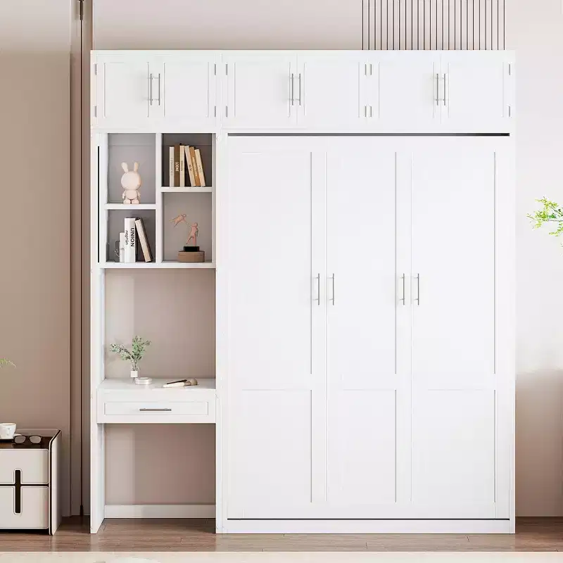 Full/Queen Murphy Bed Wall Bed with Cabinet, Cabinet Bed Folding Wall Bed with Storage Shelves and Desk for Guest Room Office