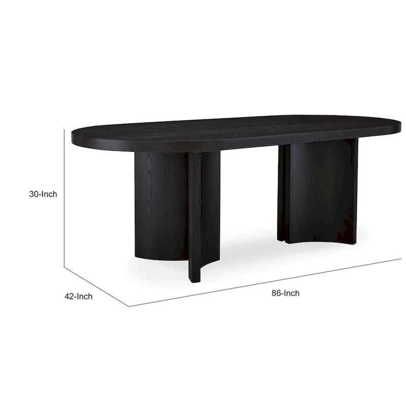 86 Inch Dining Table, Oval Top, Pedestal Base, Curved, Black Finish