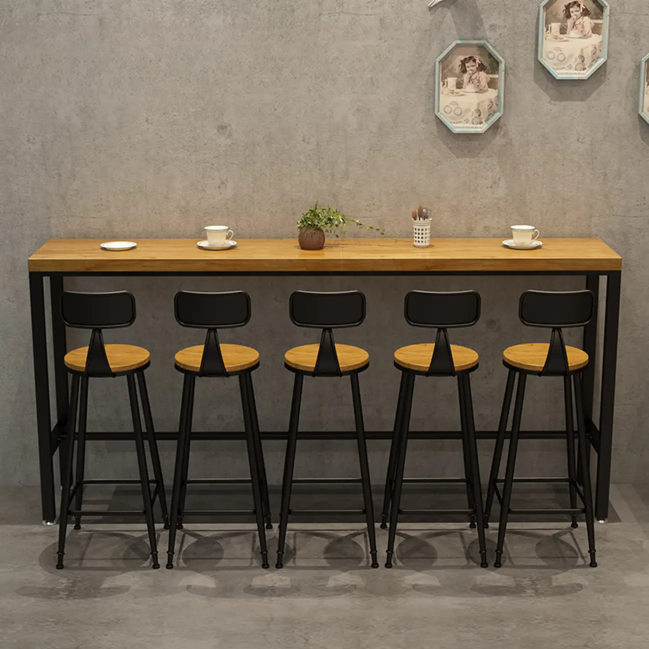 Natural Rectangle Solid Wood Long Footrest Bar Table