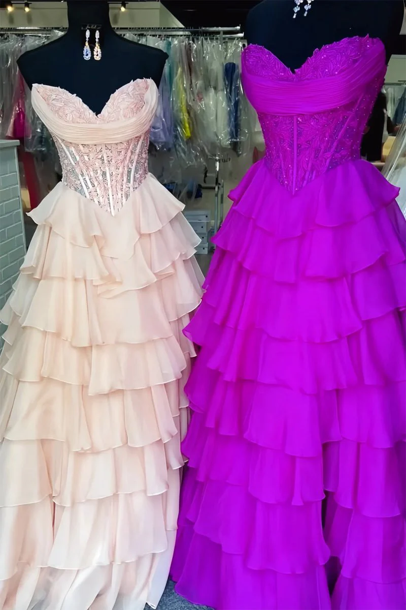Pink - Strapless A Line Chiffon Ruffled Prom Dresses With Appliques