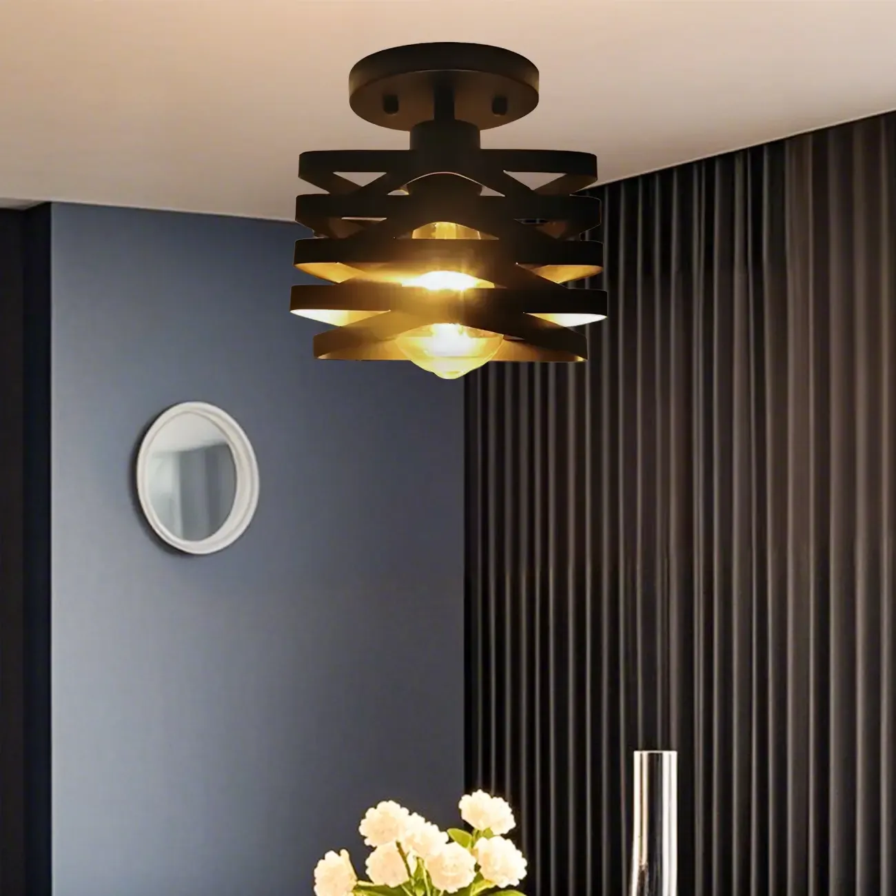 Industrial Geometric Black Iron Hallway Semi Flush Ceiling Light