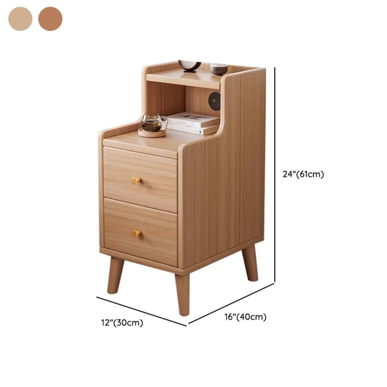 Natural Wood Scandinavian 2-Drawers Narrow Nightstand