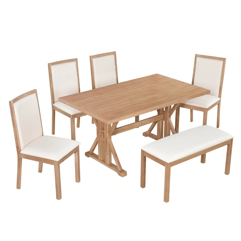 Farmhouse Style 6-Piece Dining Table Set with 4 Upholstered Dining Chairs and Bench