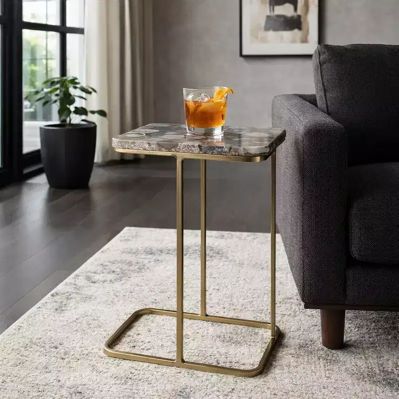 Home Decor End Table, Side Table, or Night Stand - Metal C-Shaped Bedside Table with Agate Top Perfect for Big or Small Spaces