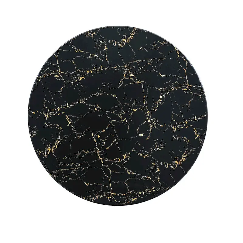 Black Marble Printed MDF Round Dining Table, Black Columnar Base with Gold Annulus(Not Including Chairs)