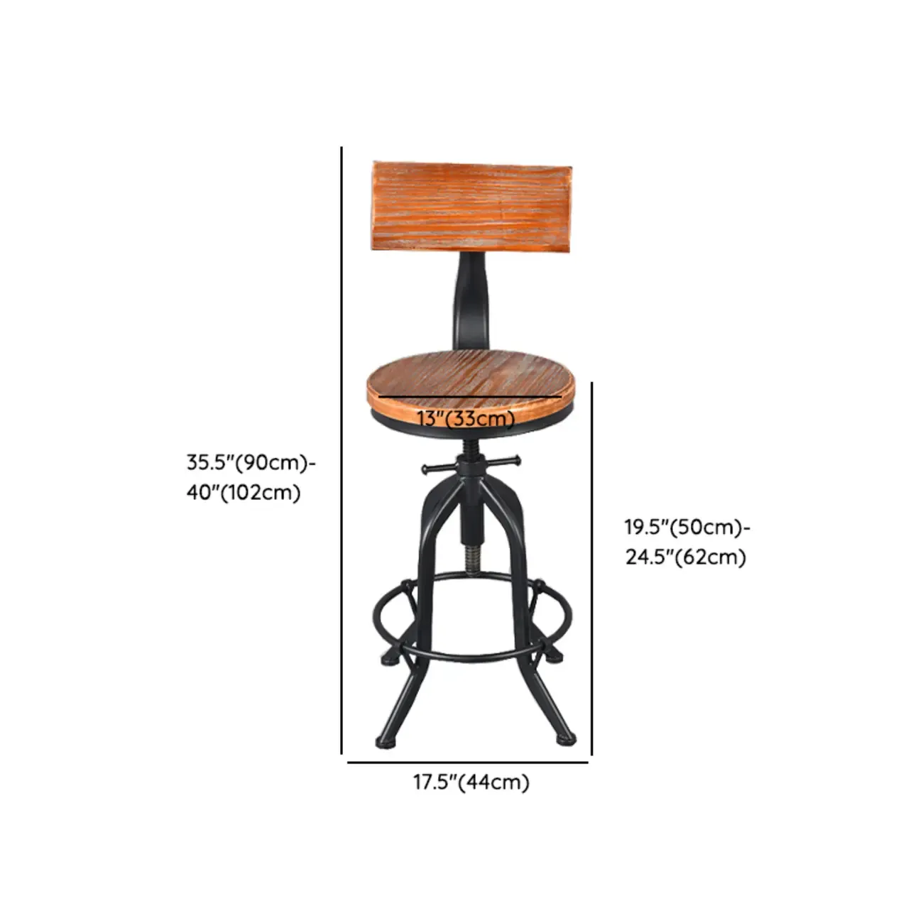 Industrial Round Adjustable Wooden Metal Bar Stools With Backs