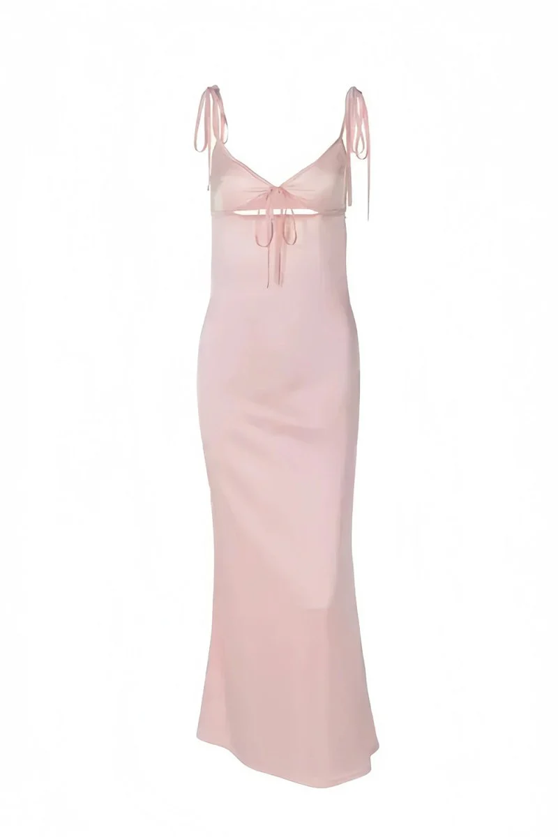 Pink Sheath Spaghetti Straps Satin Long Prom Dresses With Keyhole