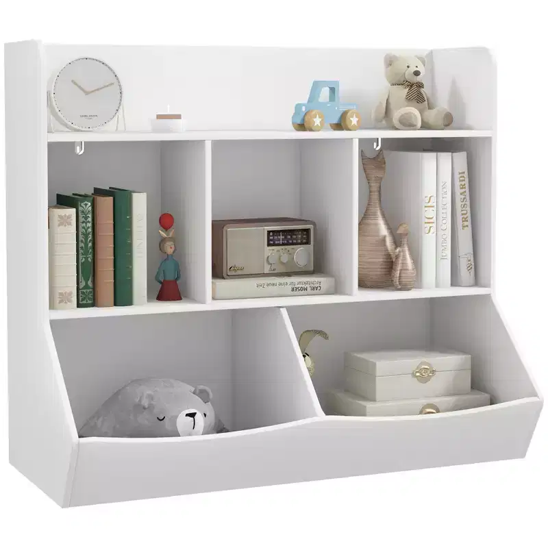 Qaba Kids Toy Shelf, 3 Tier Kids Bookcase with 5 Compartments, Anti-Tip Device, Toy Organizer for Nursery, Living Room, Playroom, Classroom, White
