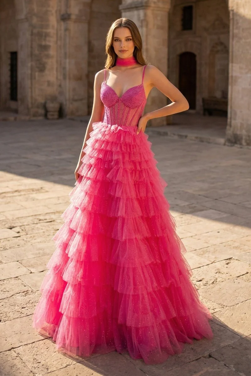 Tulle A-Line Spaghetti Strap Beaded Long Tiered Prom Dress