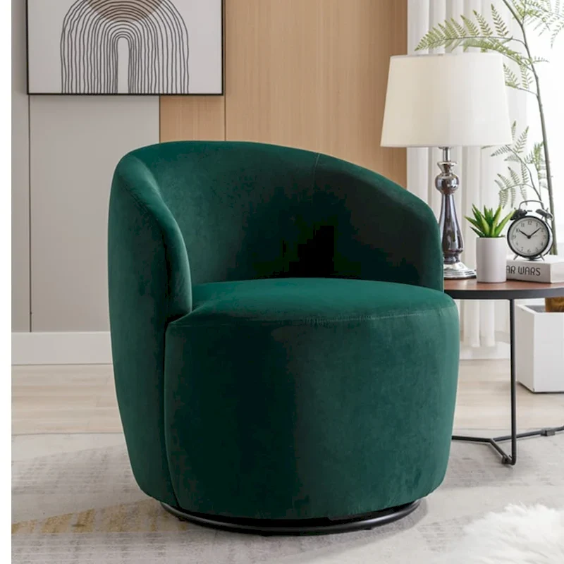 Velvet Fabric Swivel Accent Armchair Barrel Chair With Powder Coating Metal Ring