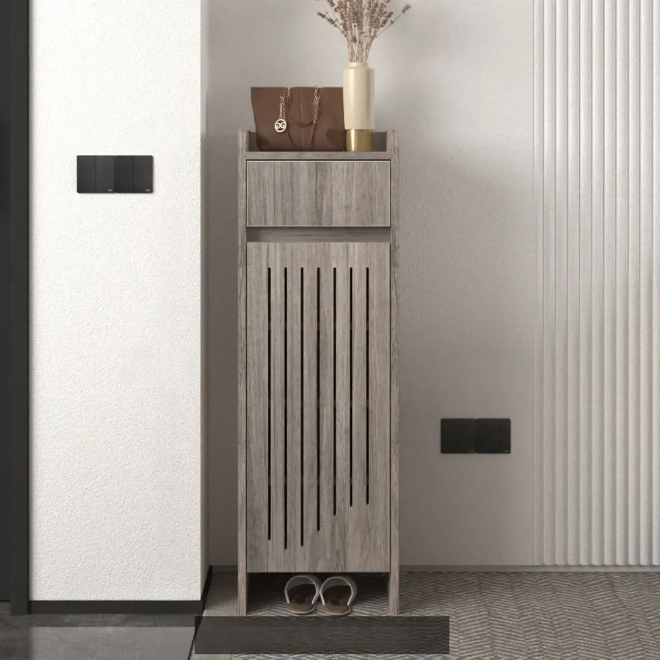 Modern Slim Wood Beige Entryway Shoe Cabinet