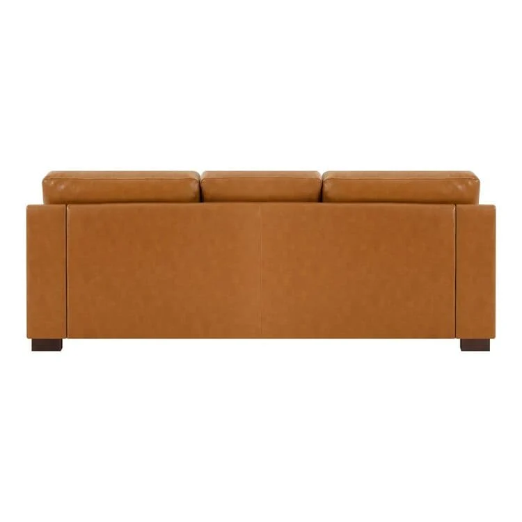 Modern Genuine Leather Sofa with Wooden Legs & Additional Bolster Pillow