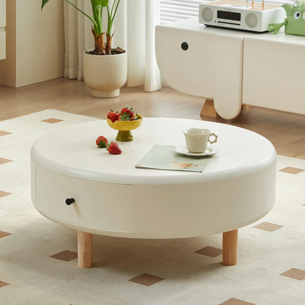 White Round Elegant Modern Wood Drawer Coffee Table