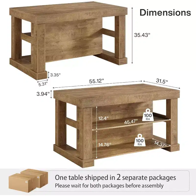 Lantine 55-Inch Farmhouse Kitchen Island with Storage, 3-Tier Wooden Center Bar Table with Large Countertop for Kitchen, Dining Room, Rustic Brown