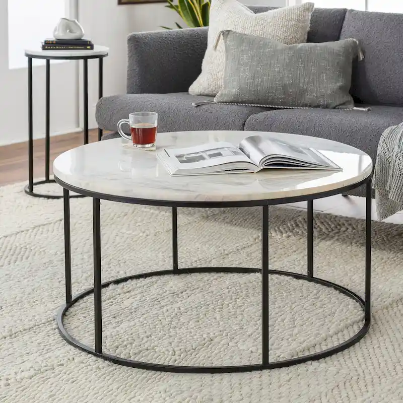 Brown Wood / Clear Glass / White Marble / Marble & Gold Modern Round Coffee Table with Black Metal Frame - Single Use