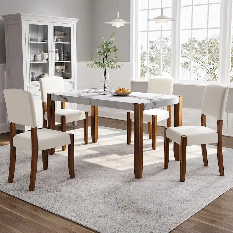5 Piece Dining Table Set, 4 People Kitchen Dining Room Set with Faux Marble Style Table and 4 Upholstered Chairs