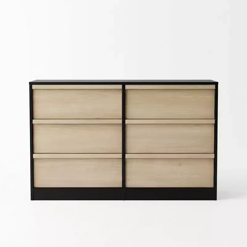 Modern Black Wood Grain Paper Double Dresser Organizer with 6 Drawers Large Storage