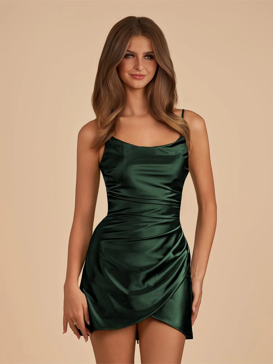 Dark Green - Sheath Spaghetti Straps Pleated Satin Short Homecoming Dress