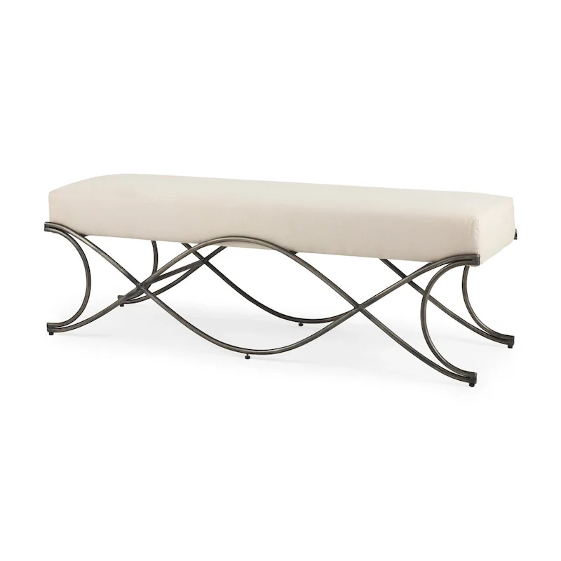 Gray Fabric Upholstered Bench with Gold Metal Legs