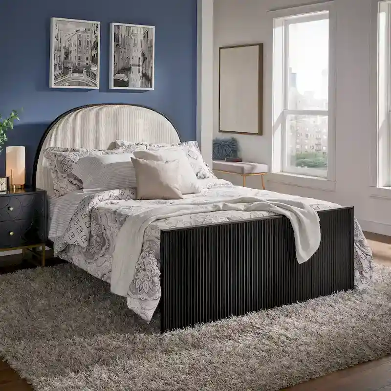 Black Metal Gray Fabric Queen Bed