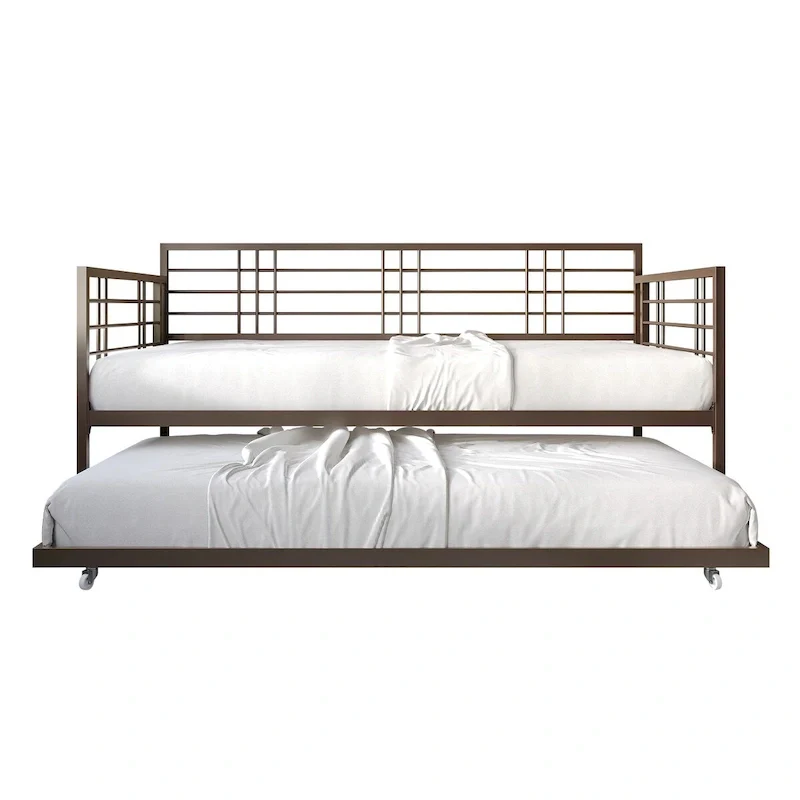 White/Brown/Black Metal Twin Daybed with Roll-Out Trundle, 1-Person