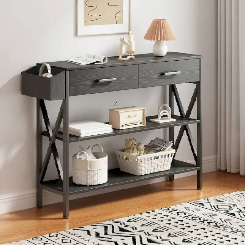 Grey/Black/Retro Console Table with 2 Drawers & 3-Tier Shelves, 1-Person Assembly