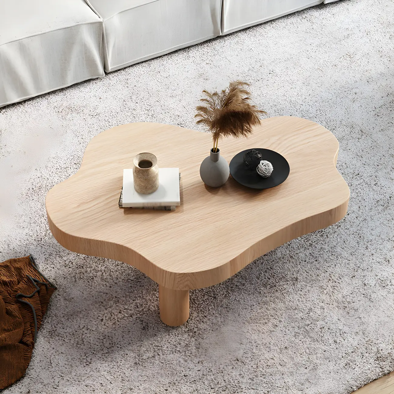 Natural Cloud-Shaped Pine Coffee Table with 3 Legs