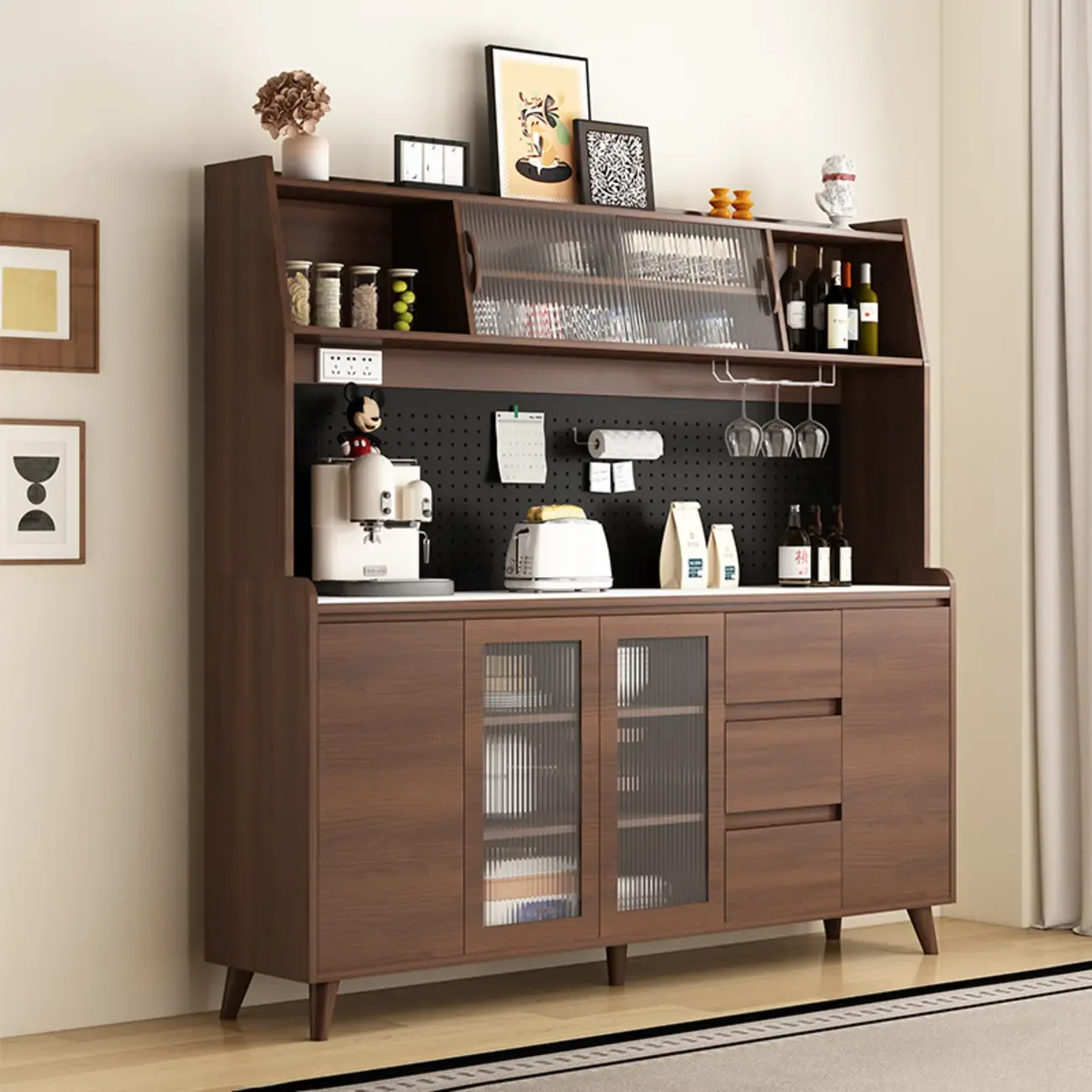 Wide Brown Wooden Pegboard Back Sideboard with Hutch