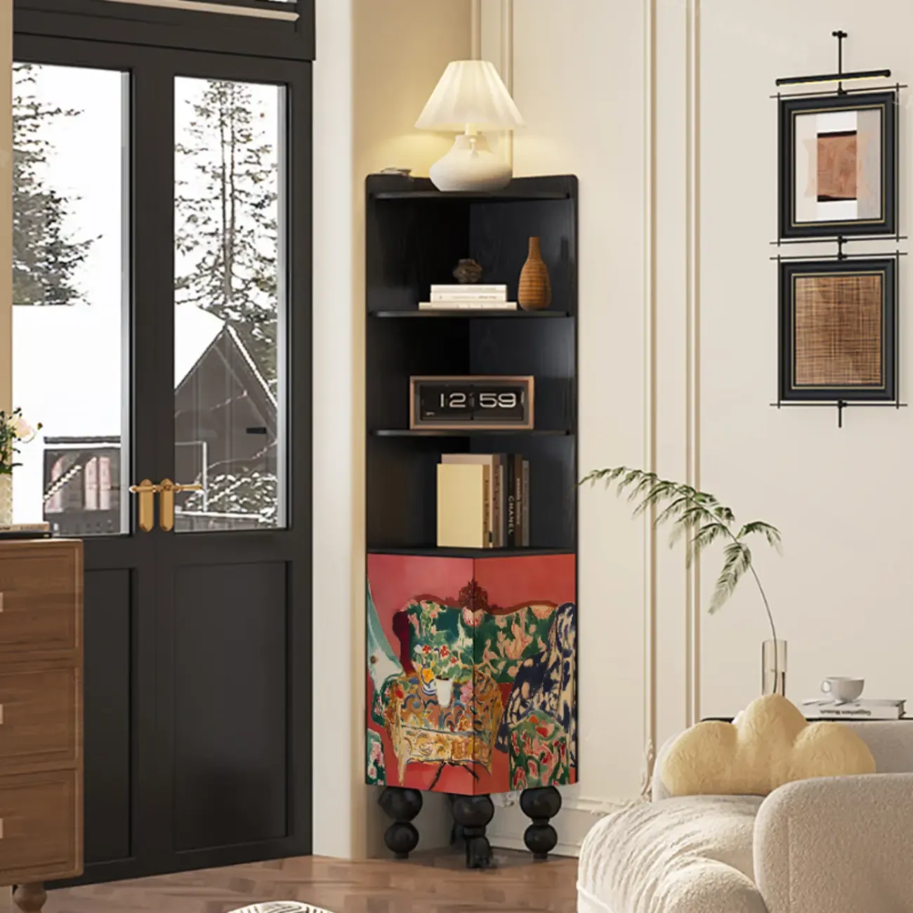 Traditional Black Wood Open Storage Corner Display Cabinet