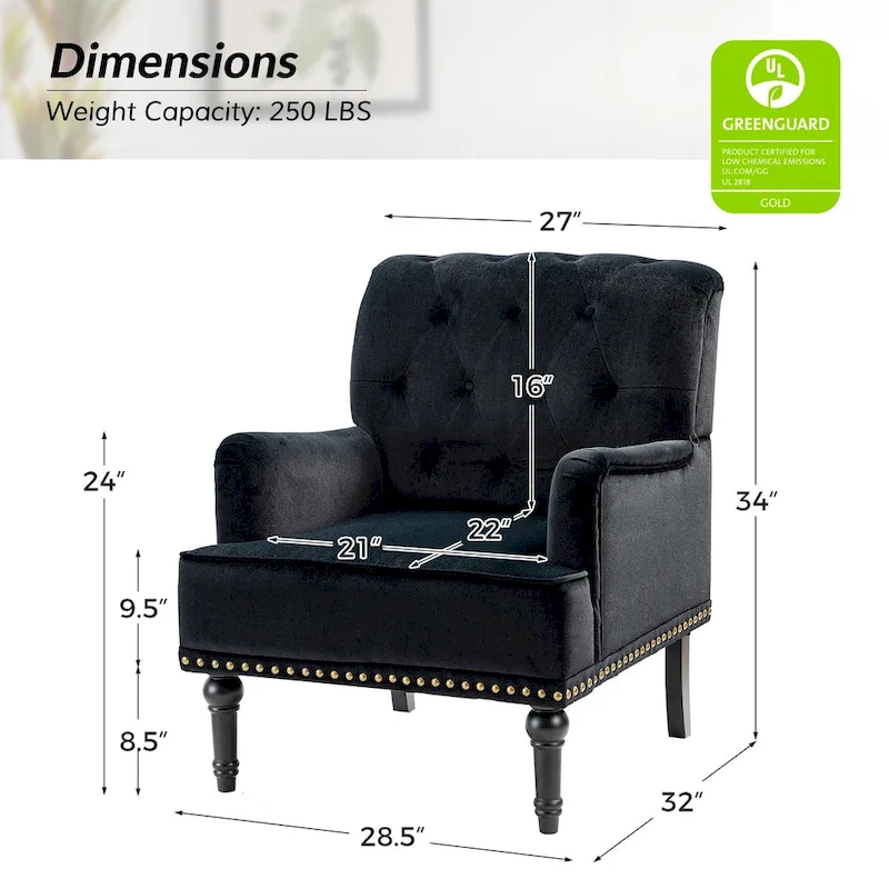 Geltrude Transitional Upholstered Button Tufted Club Chair with turned wooden Legs by HULALA HOME