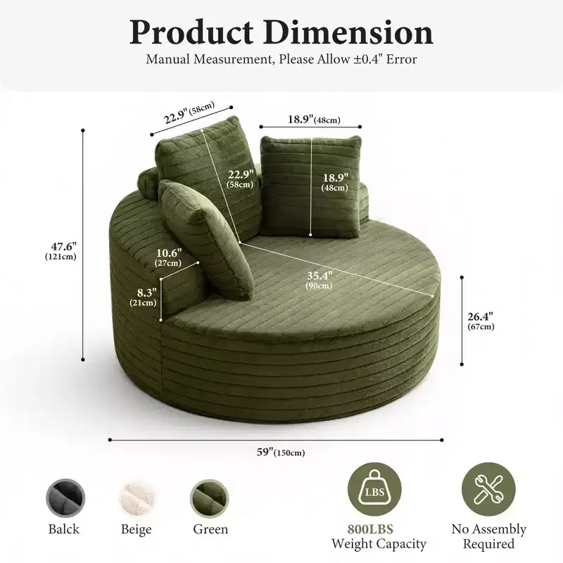 KERDOM Oversized Round Sofa with Cushioned Backrest, Single Cloud Floor Sofa Chair For Living Room, No Assembly Required, Green
