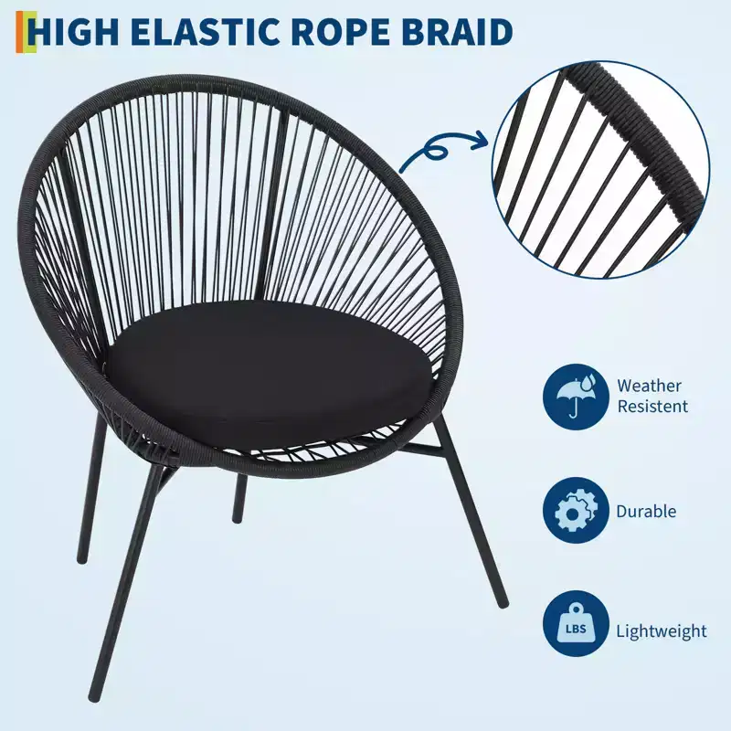 3-Piece Wicker Patio Furniture Set, Glass Top Coffee Table and Cushions, All-Weather Metal Frame Rattan Bistro Set for Balcony, Porch, Garden