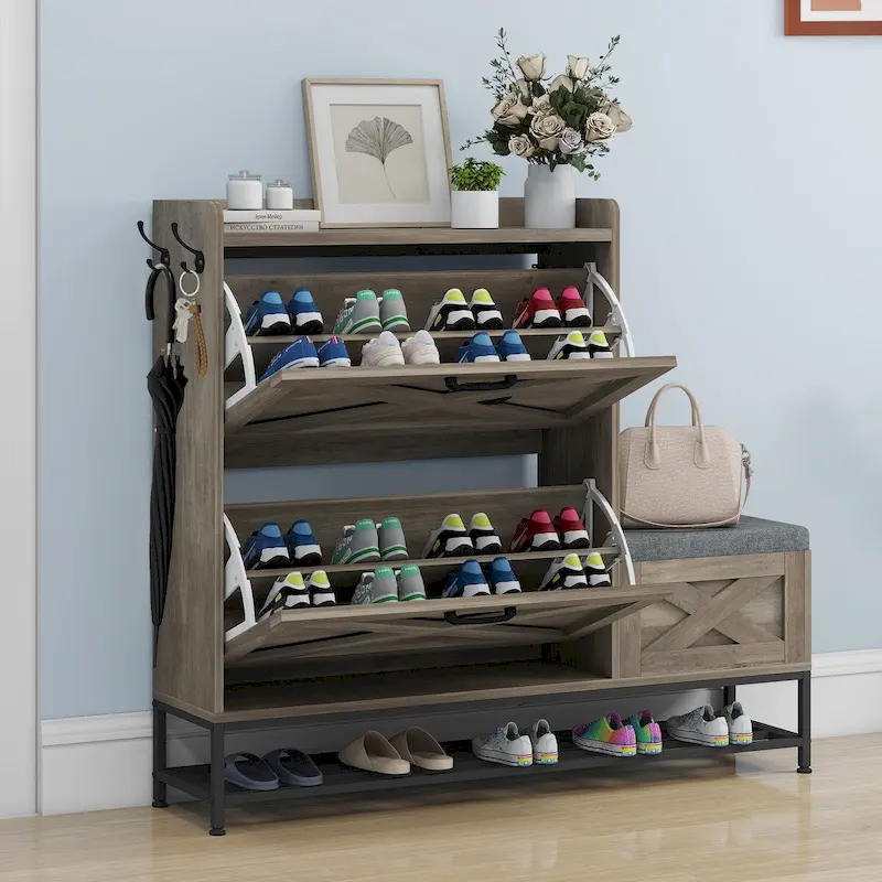 Farmhouse Shoe Storage Cabinet with Flip Drawers & Bench | Holds 16 Pairs, Entryway Organizer