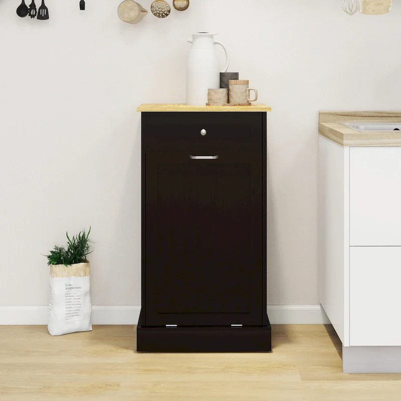 White Tilt-Out Trash Cabinet with Drawer - Single Compartment for Kitchen