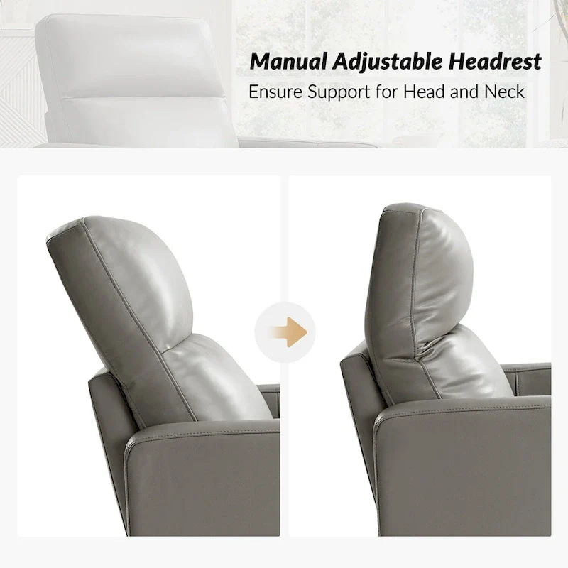 Genuine Leather Swivel Rocker Recliner with Adjustable Headrest - Modern Manual Reclining Chair 360° Rotation