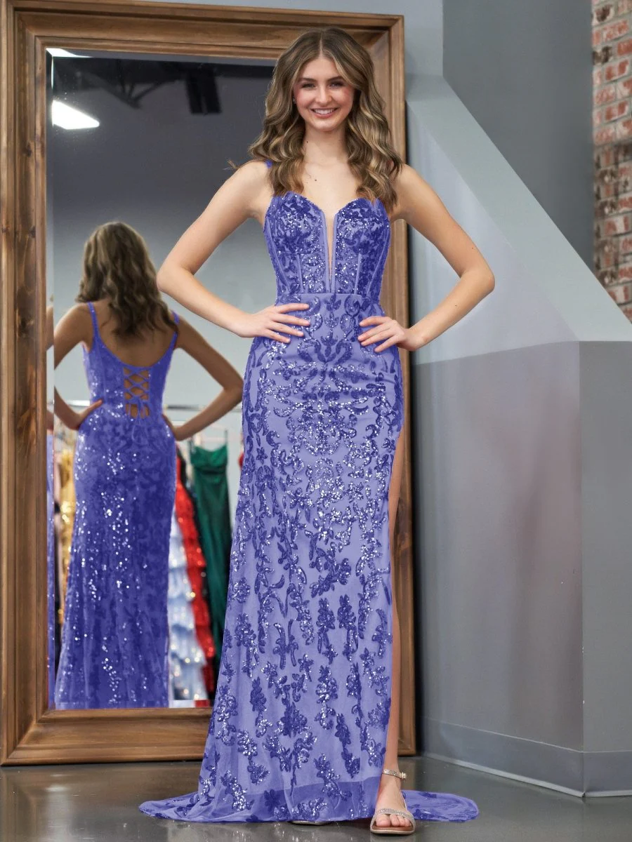 Purple Sheath Sequins Long Prom Dress with Slit