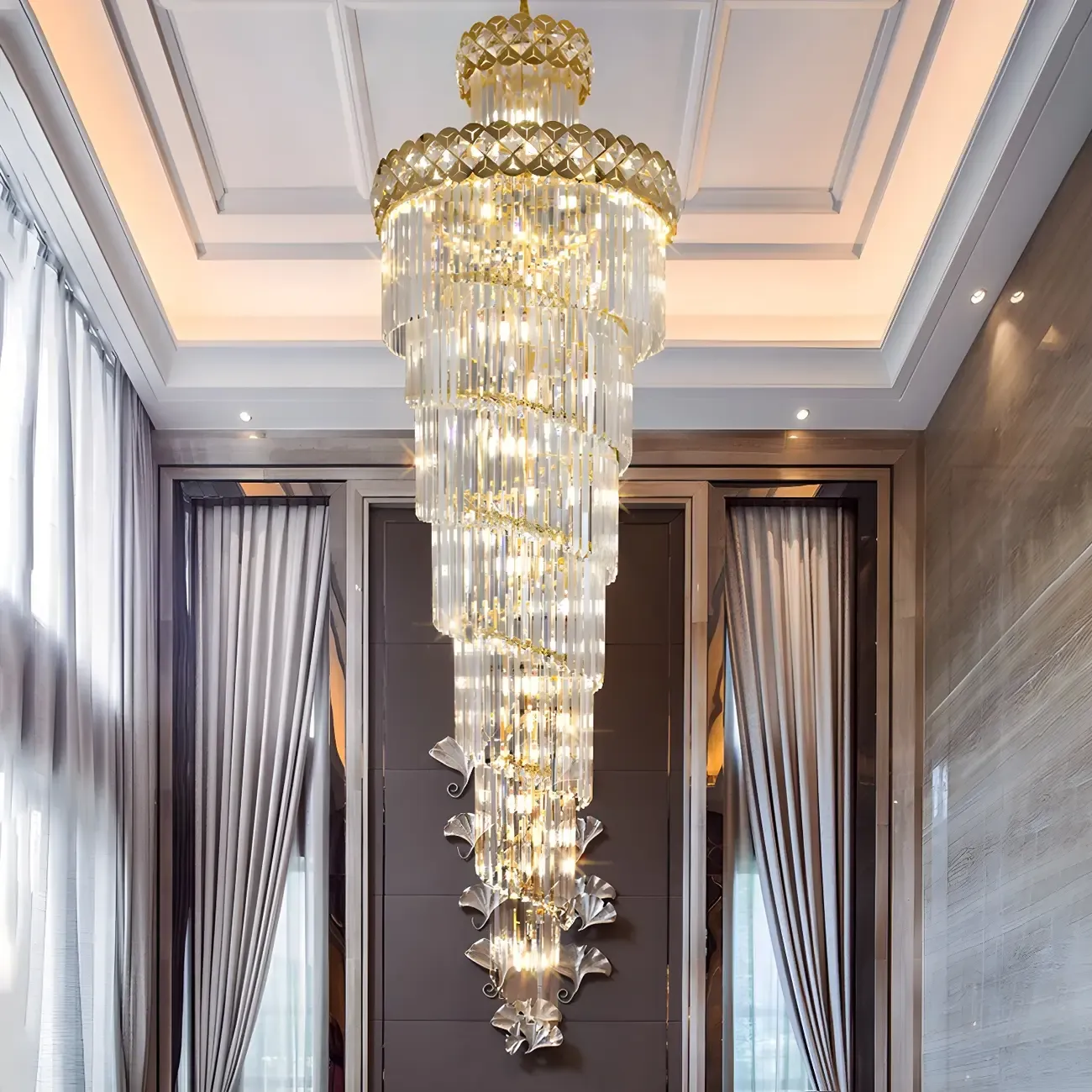 Luxurious Gold Spiral Crystal Round Tier Stairwell Chandelier