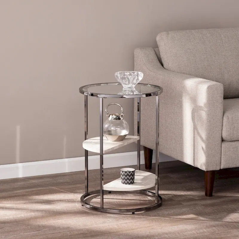 Black/White Glass Top Round Side Table with Faux Travertine Shelves