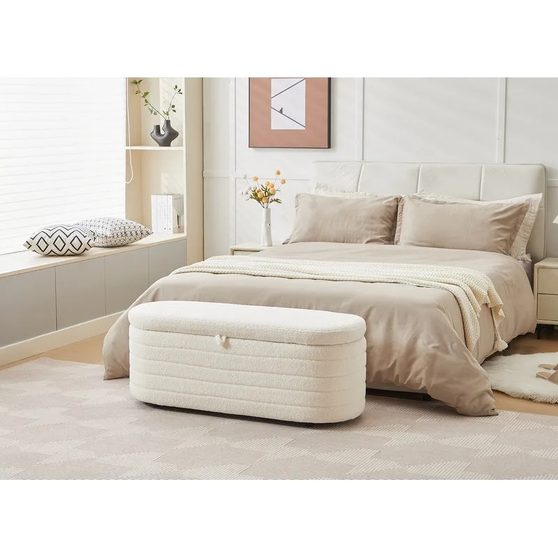 45 White Teddy Storage Ottoman Bench for Living Room Bedroom,Oval Sherpa Storage Bench Ottoman Foot Rest Anti-slip Legs