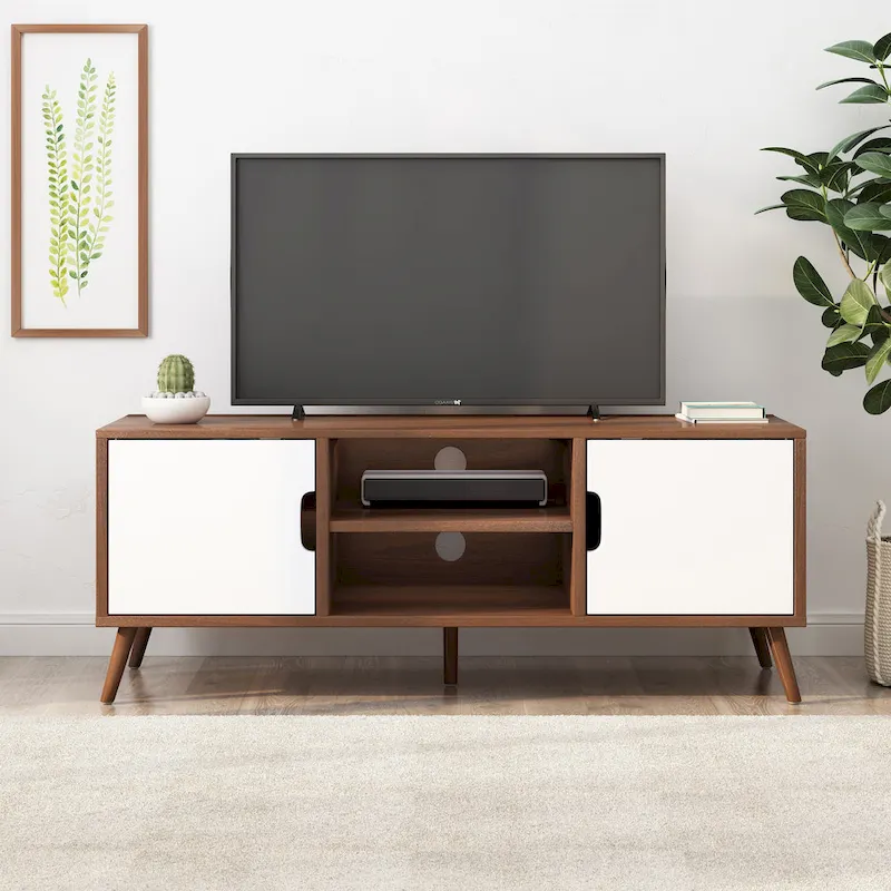 White & Walnut Mid-Century TV Stand for 40