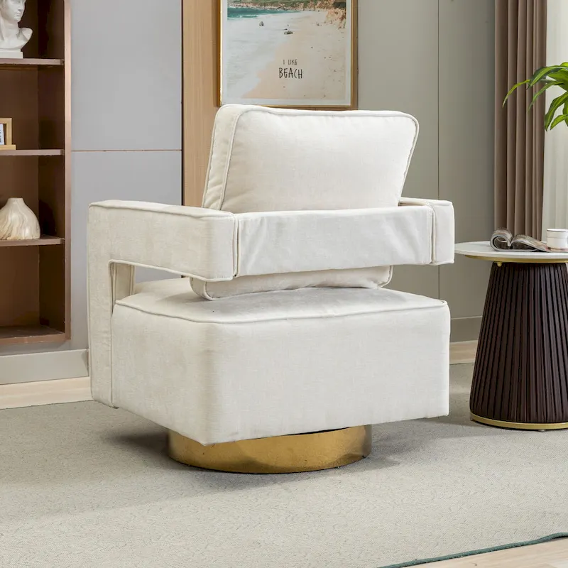 Modern Upholstered Swivel Open-Back Barrel Chair With Pillow