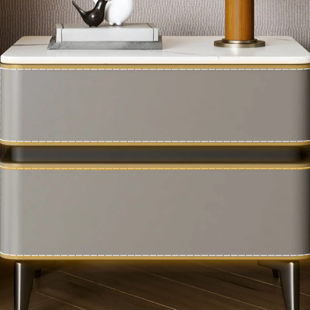 Modern Faux Leather Stone Top 2-Drawer Nightstand