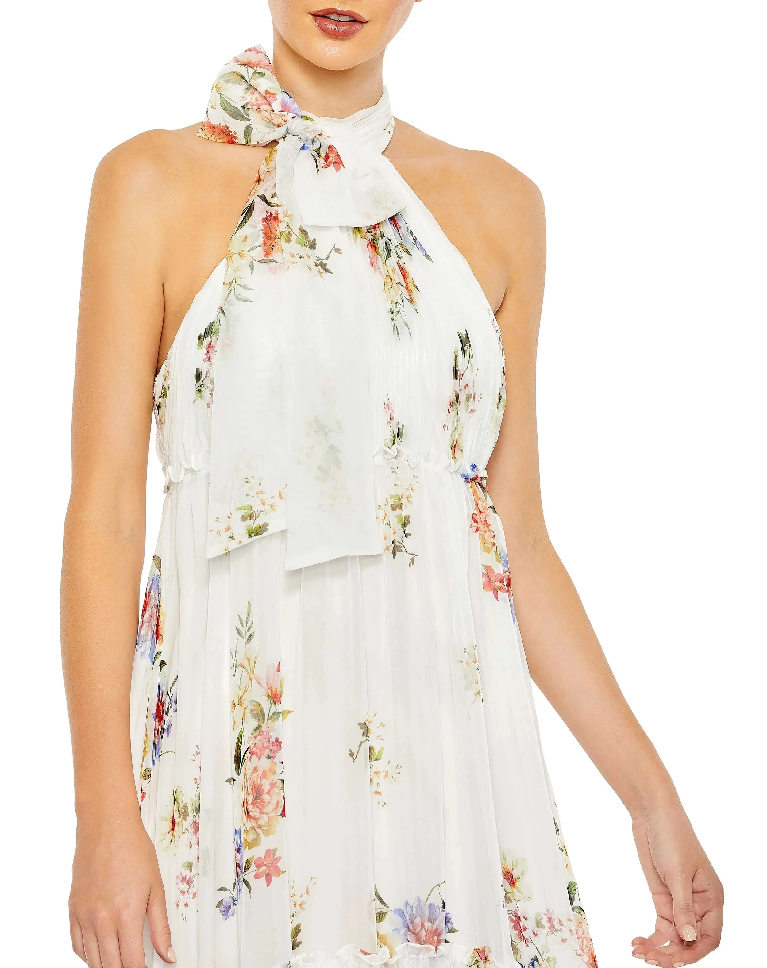 White Floral Print Ruched Tiered High Neck Bow Gown