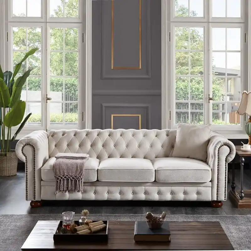 3-Seat Sofa with Linen Upholstery and Wood Frame